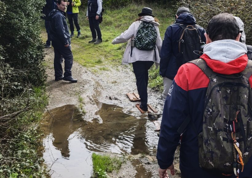 Pessoas a atravessar terreno molhado no passeio pedestre da aldeia de Broas
